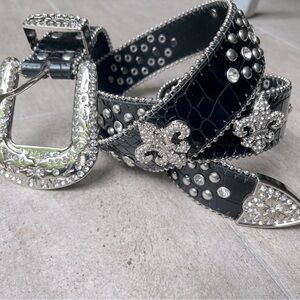 Western Belt Black Silver fleur-de-lis studded w/ Rhinestone embellished